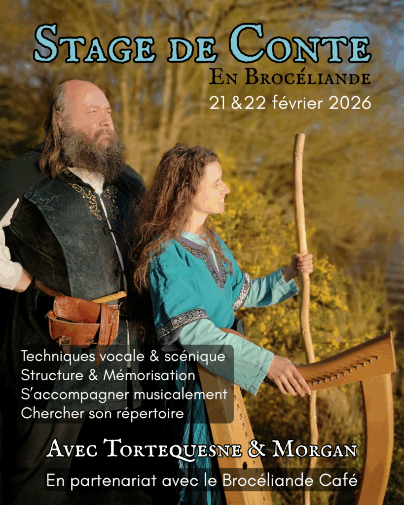 Morgan et Tortequesne devant un lac, en Brocéliande, un jour ensoleillé